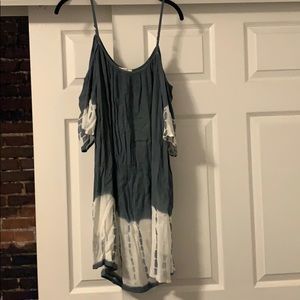 Open shoulder blue and white tie dye dress